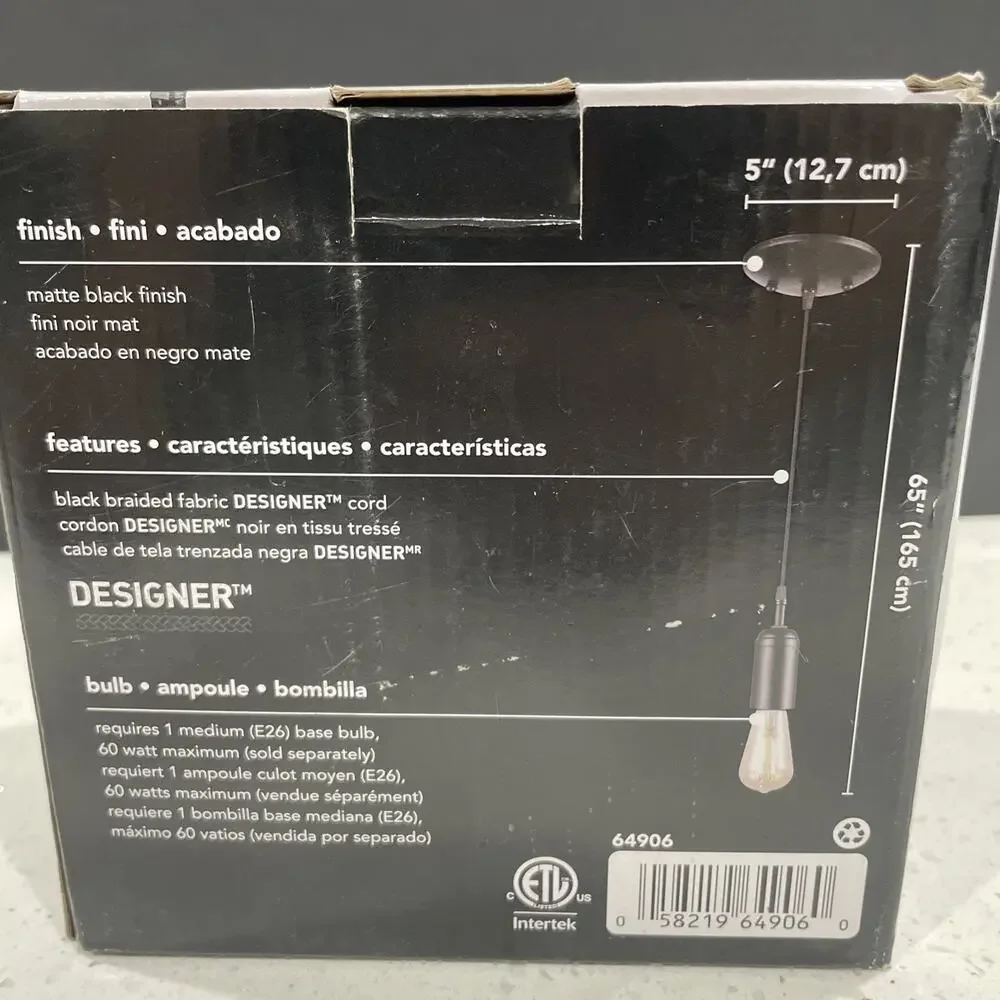 Globe Electric 64906 Vintage 1 Light Hanging 65” Pendant - Black -Open Box